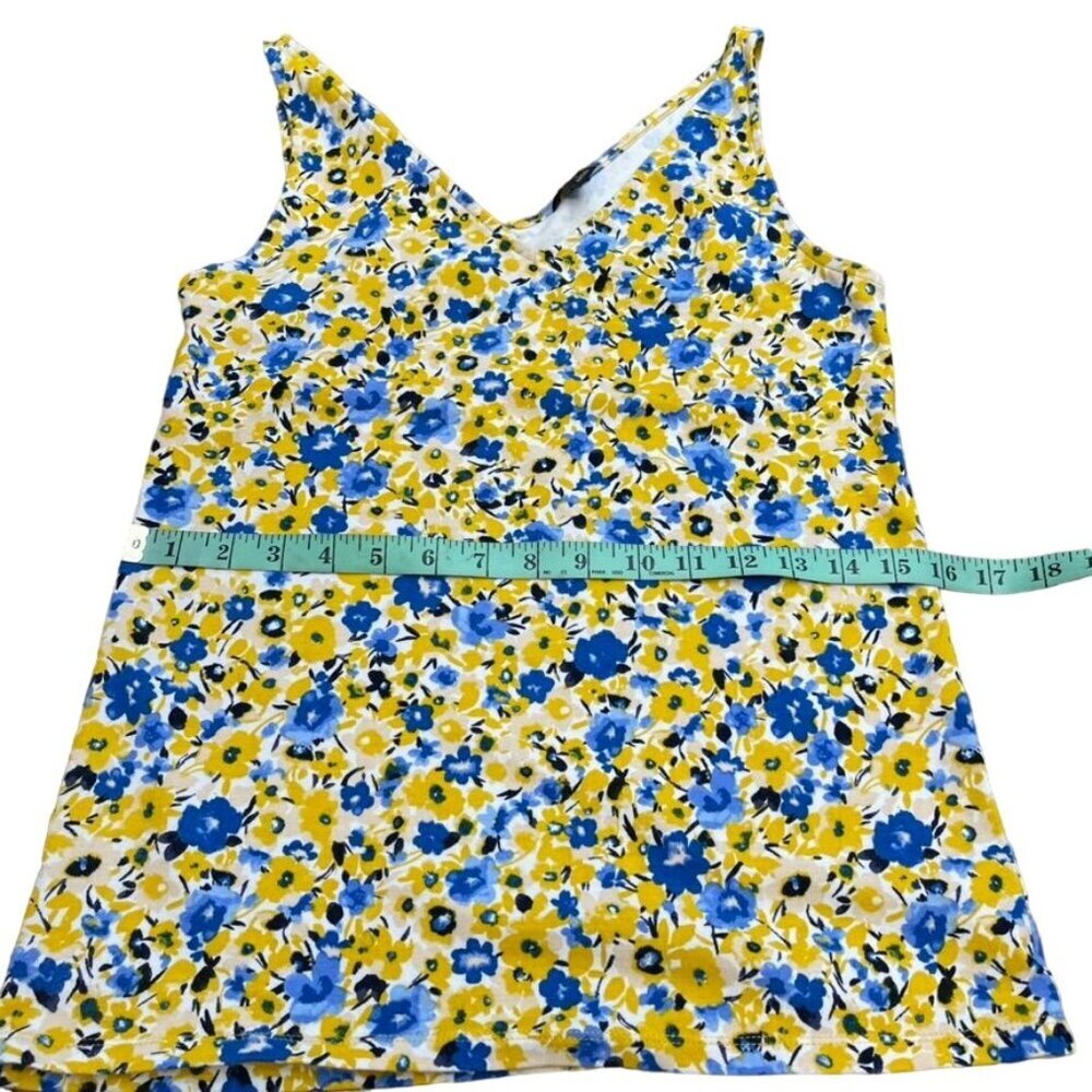 Ann Taylor Women Cotton/Spandex Floral Yellow & Blue Sleeveless V-Neck Top L - Picture 7 of 9